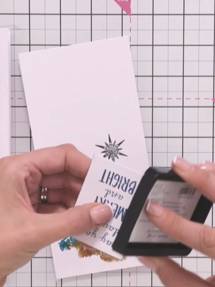 Step 7: Use a black ink pad to edge the sentiment piece, running the chamfer around the edge to create a subtle shadow