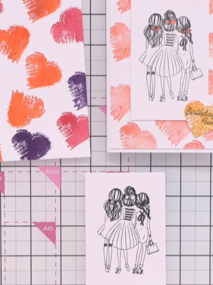 Step 9: Mount the stamped girls silhouette onto your card base. Position the sentiment at an angle for added visual in