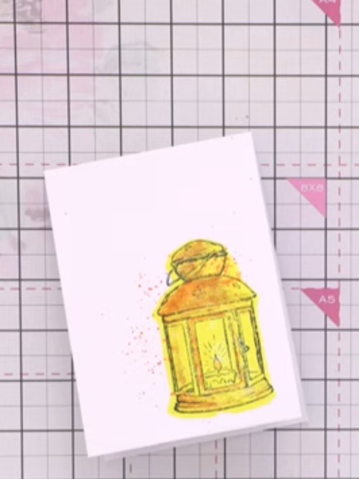 Tarjeta de farol con textura y técnica de estampado en color por el reverso del sello - the finished project