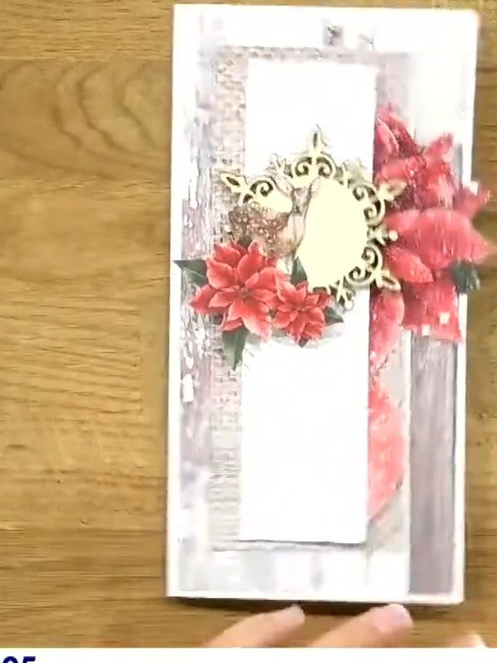 Step 8: Glue the wooden embellishment shapes from the collection onto the card. Position the decorative frame at the t