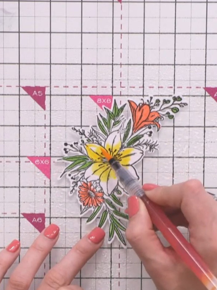Step 11: Use a heat gun to dry all the painted elements on the floral panel. The watercolour will dry back two shades l