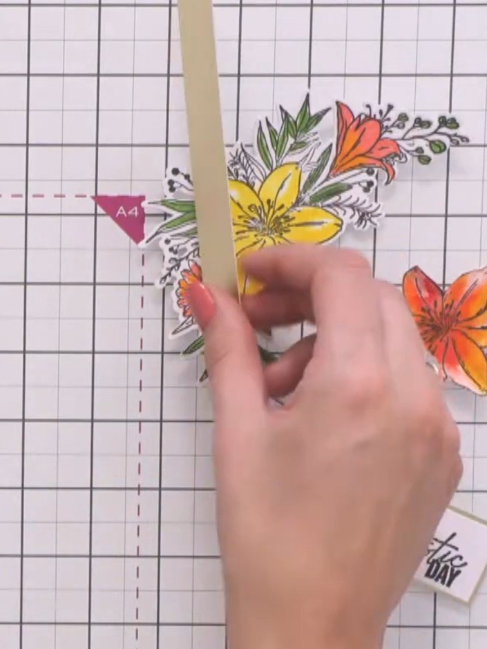 Step 3: Troquela el diseño estampado con los troqueles coordinados. Position the die over the coloured floral image and ru