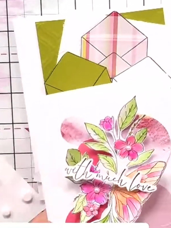 Step 8: Add a sentiment to the card. Position the 'with much love' or 'little card big thanks' sentiment from the stam