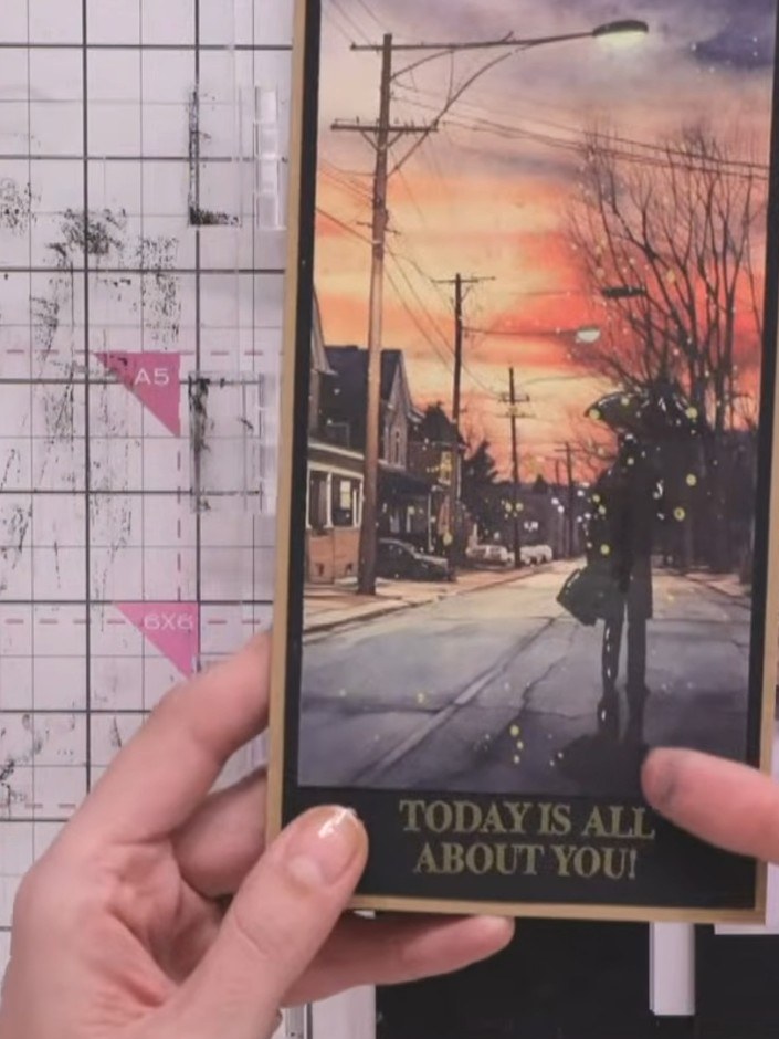 Step 6: Add a sentiment to complete your card. Position the 'Today is all about you' text at the bottom of the street 