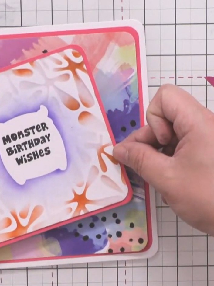 Step 9: Mount the decorated panel onto the card base using foam pads, positioning it slightly off-centre for visual in