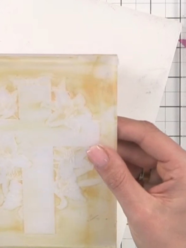 Step 8: Add a sentiment to the centre of the card to complete your design. Position it carefully over the white emboss