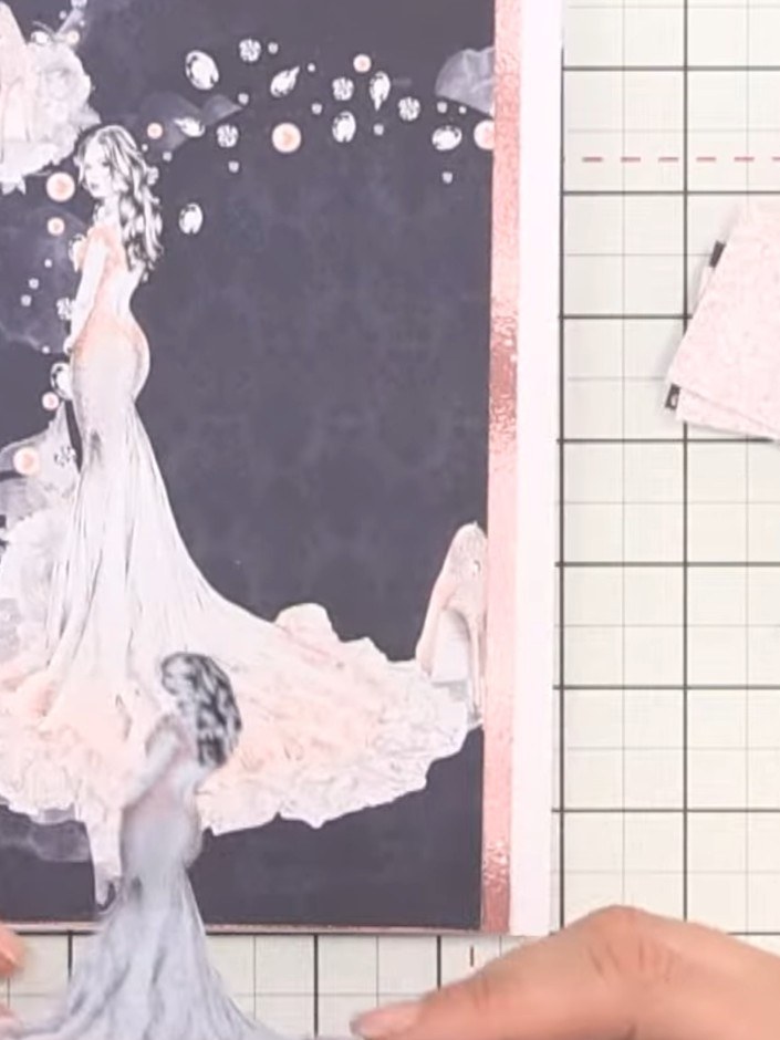 Step 4: Position the 3D lady embellishment on top of the first lady image using foam pads to create dimension. Press d