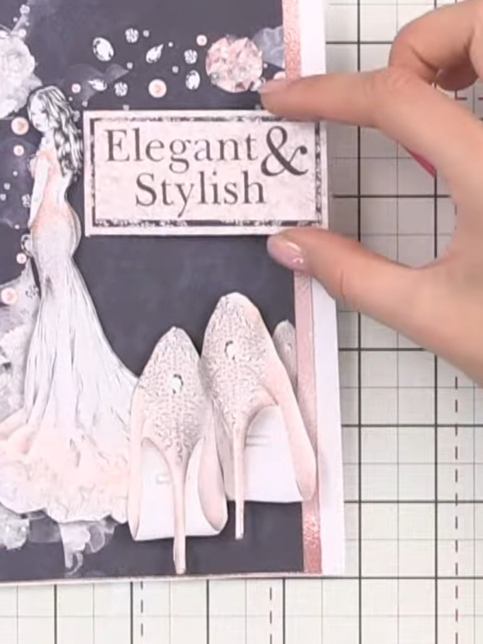 Step 7: Stamp the 'Elegant & Stylish' sentiment onto the patterned paper using black ink. Position the sentiment at th
