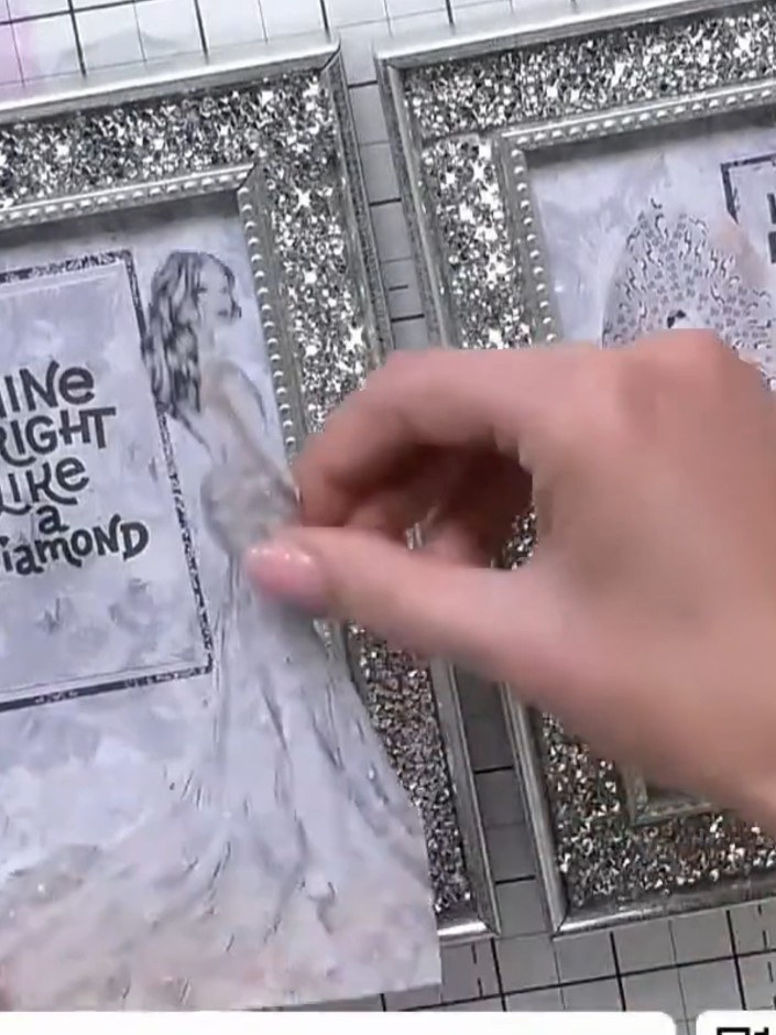 Step 6: Place the patterned paper with the 'Shine Bright Like A Diamond' sentiment inside the first glitter frame. Pos