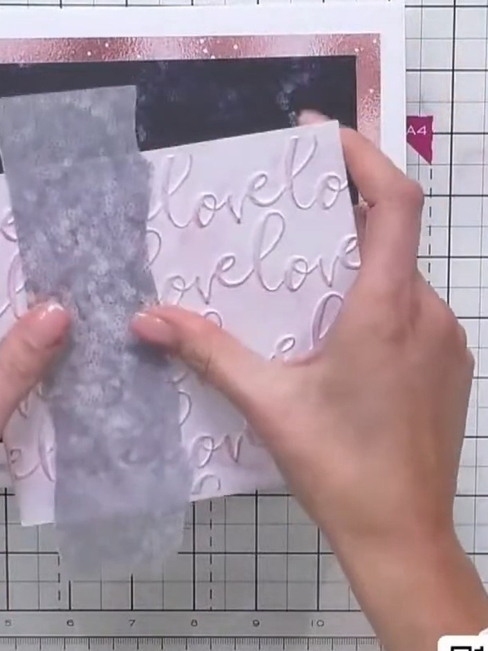 Step 3: Layer the embossed foundation paper onto your card base, positioning it over the black and rose gold glitter l