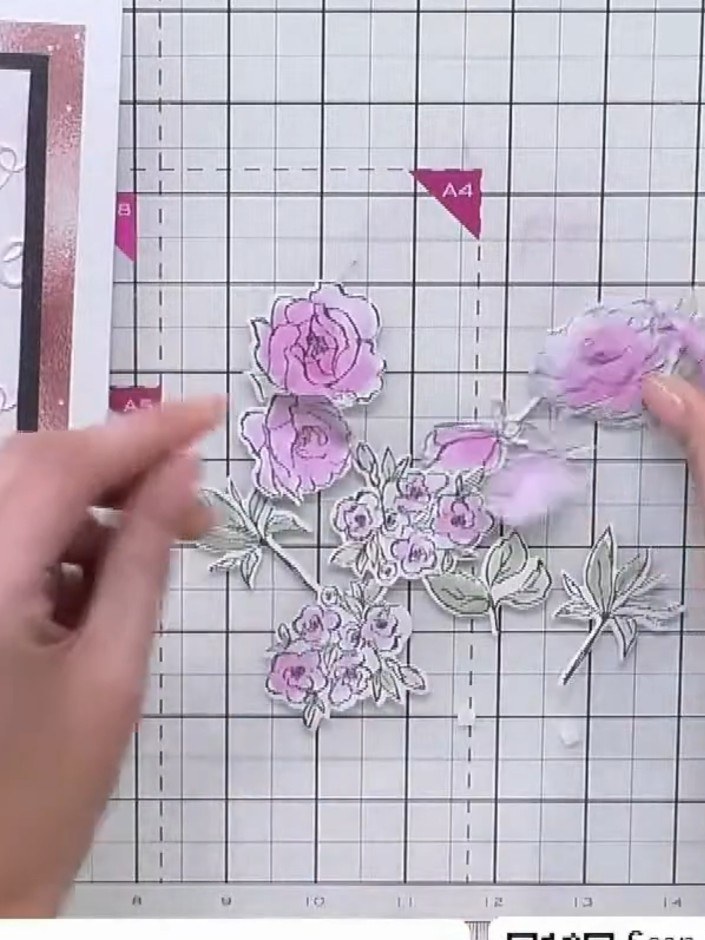 Step 1: Stamp the floral images from the stamp set onto white cardstock using black ink. Build up the arrangement by s