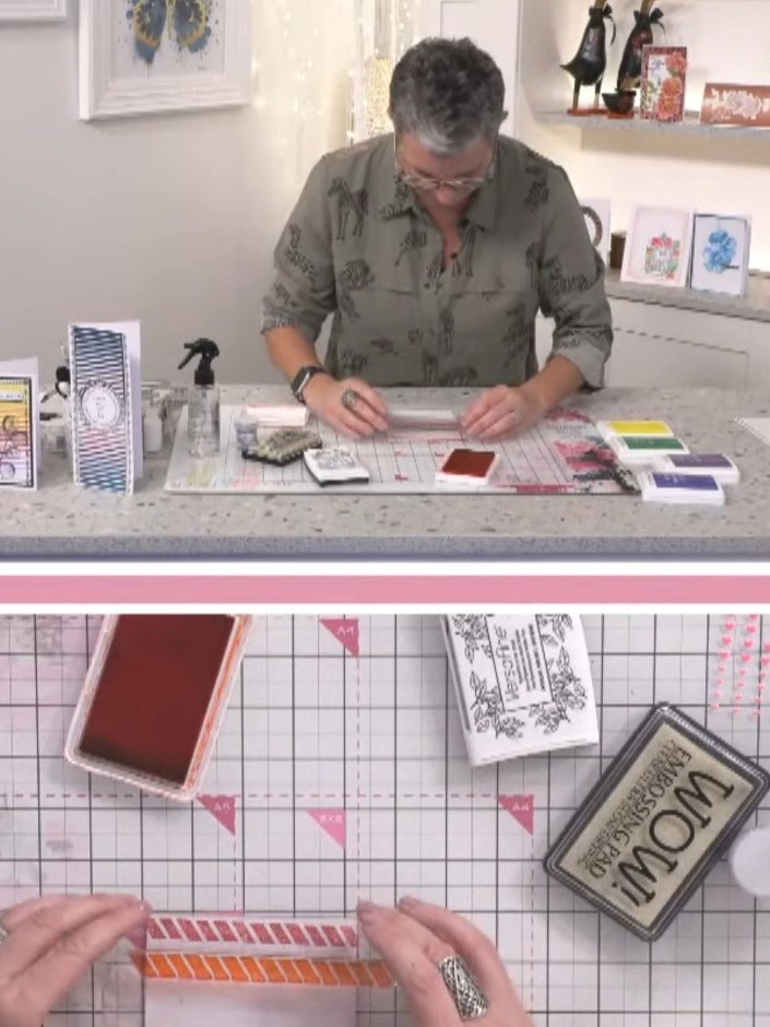Step 4: Continue stamping the striped border pattern along the card front in additional colours to create a rainbow ef