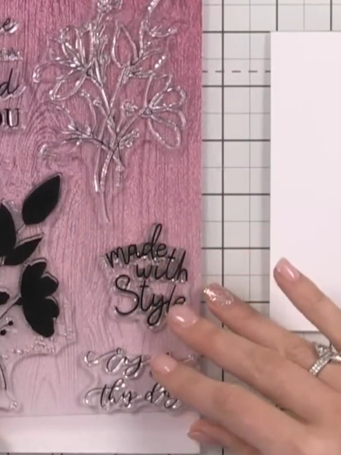Step 2: Ink the black flower heads with pink watercolour ink. Add a darker Fandango shade to the centres of the flower